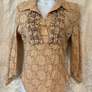 anchor blue Tan Lace Ruffle Front Blouse